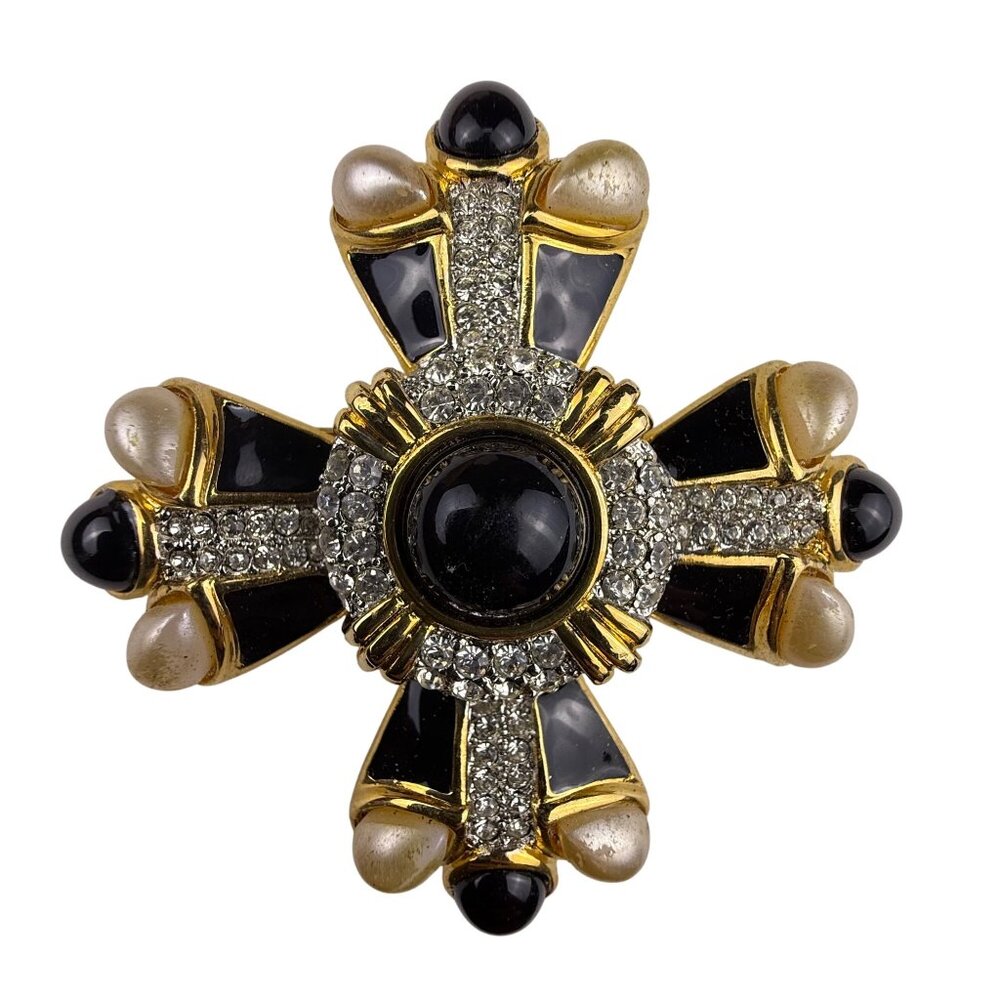 AFJ Vintage Gold Tone Black Enamel Faux Pearl Rhinestone Maltese Cross Brooch
